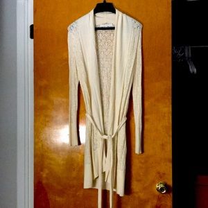 LC LAUREN CONRAD Long Cream Knit Belt Sweater